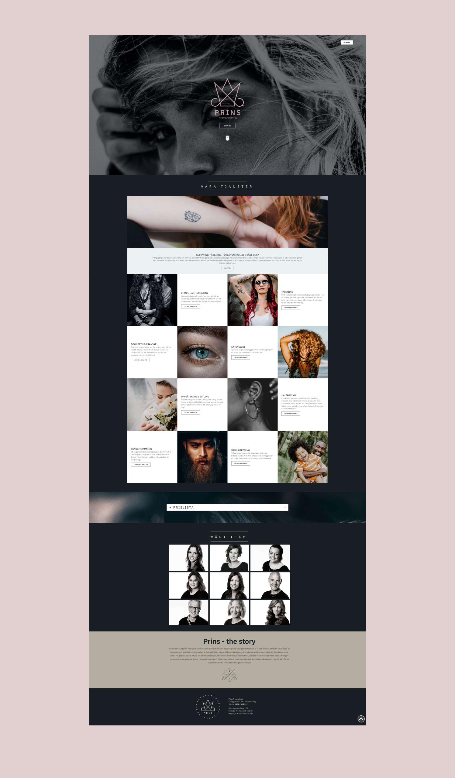 Prins Frisersalong: skärmdump webbplats